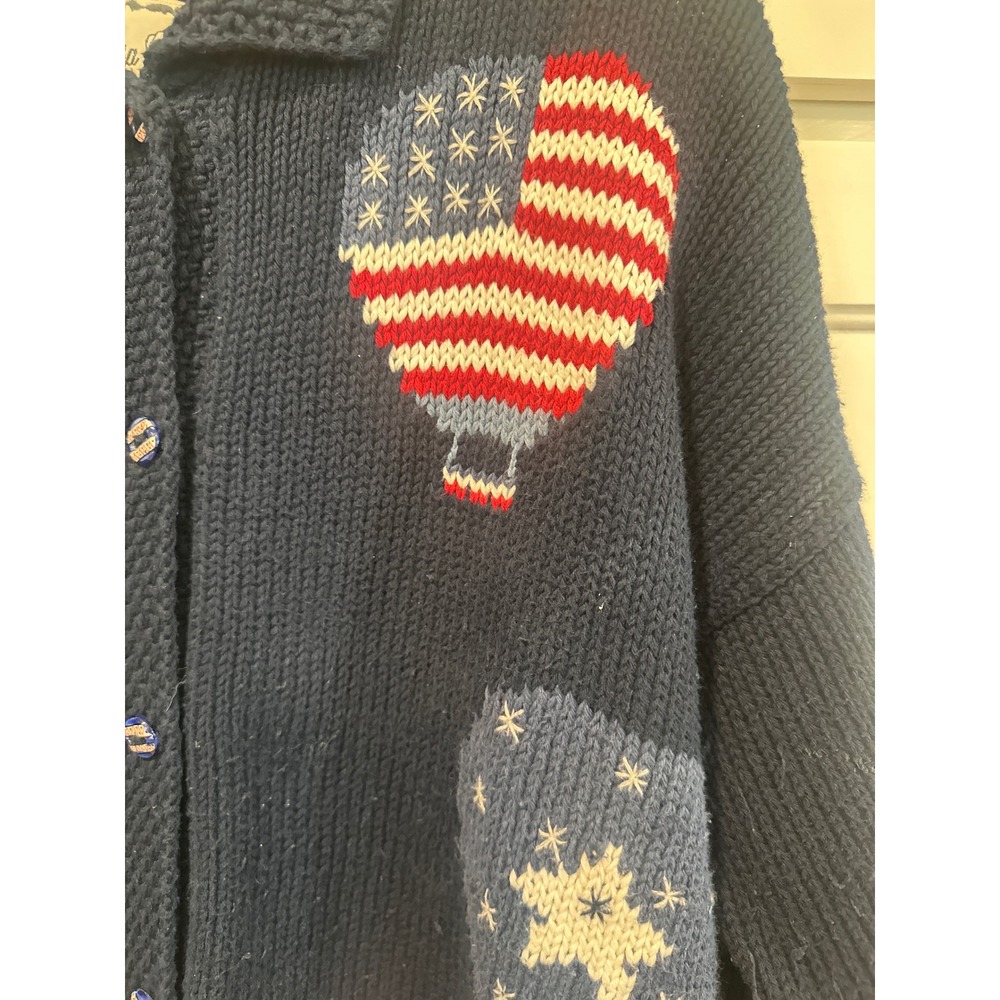 Vintage Patriotic Hot Air Balloon Cardigan Navy Cotton hand Knit Peru read - Picture 2 of 11